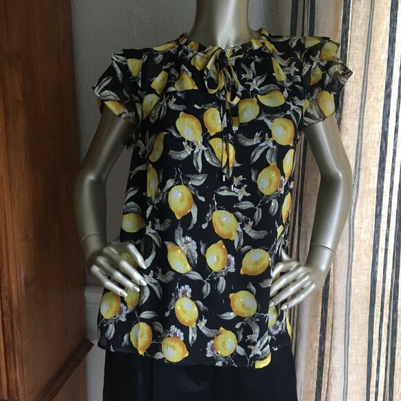 EUC White House Black Market Black Mesh Ruffle Lemon Top S - Picture 5 of 9